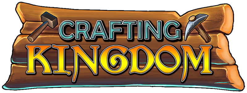 Crafting Kingdom Logo. A hammer and a pickaxe on a wooden board, next to the title 'Crafting Kingdom'.