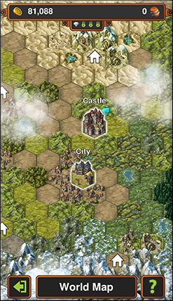Game screenshot showing the world map with several highlighted locations; in the center of the screen is the castle.
