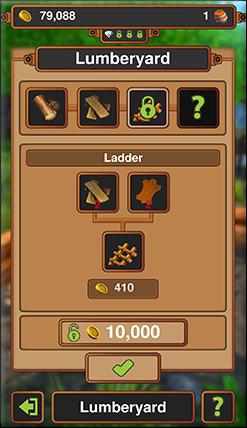 Game screenshot showing a production chain; two leather strips and two timber can be crafted into a wooden ladder.
