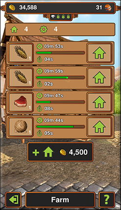 Game screenshot showing the farm producing grain, meat and wool.