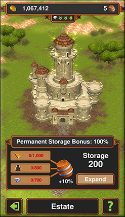 Game screenshot showing the player's home, which is build out to be a beautiful, tall castle.